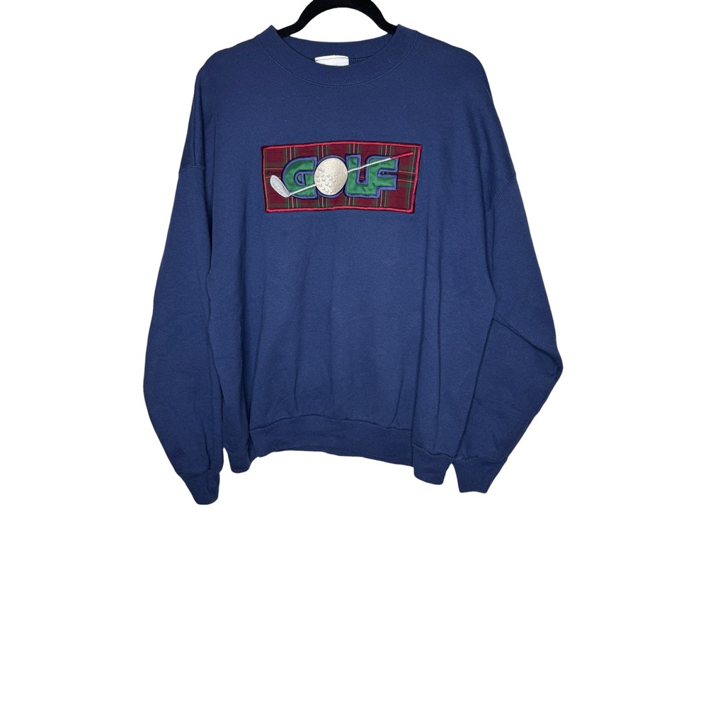 Vintage MC Sport Golf Sweatshirt XL Navy Blue Embroidered Plaid Crewneck